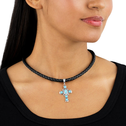 Sterling Silver Sleeping Beauty Blue Turquoise Gemstone Cross Pendant Enhancer