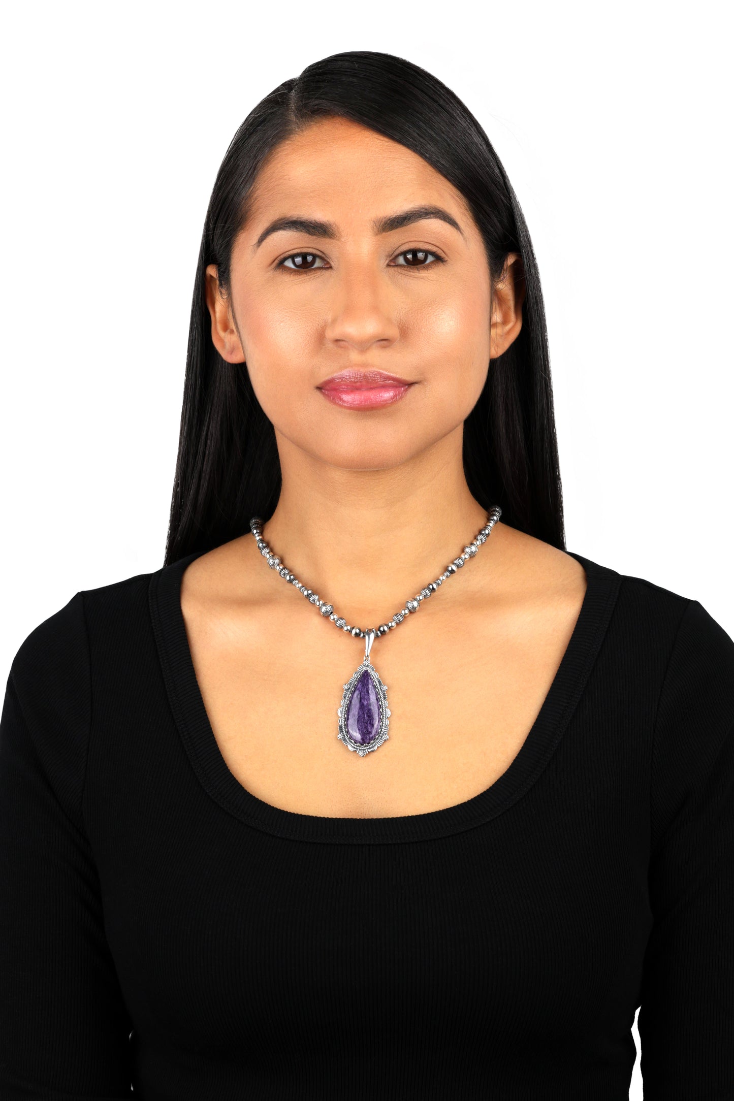 EXCLUSIVELY OURS! Sterling Silver Charoite Teardrop Bordered Design Pendant Enhancer