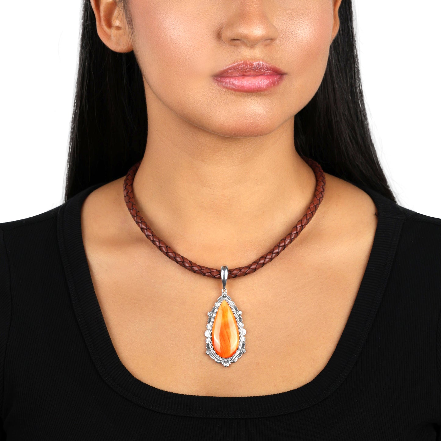 EXCLUSIVELY OURS! Sterling Silver Orange Spiny Oyster Teardrop Bordered Design Pendant Enhancer