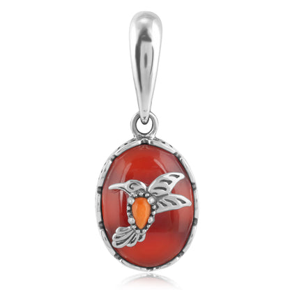 Sterling Silver Red Onyx and Orange Spiny Oyster Hummingbird Pendant Enhancer