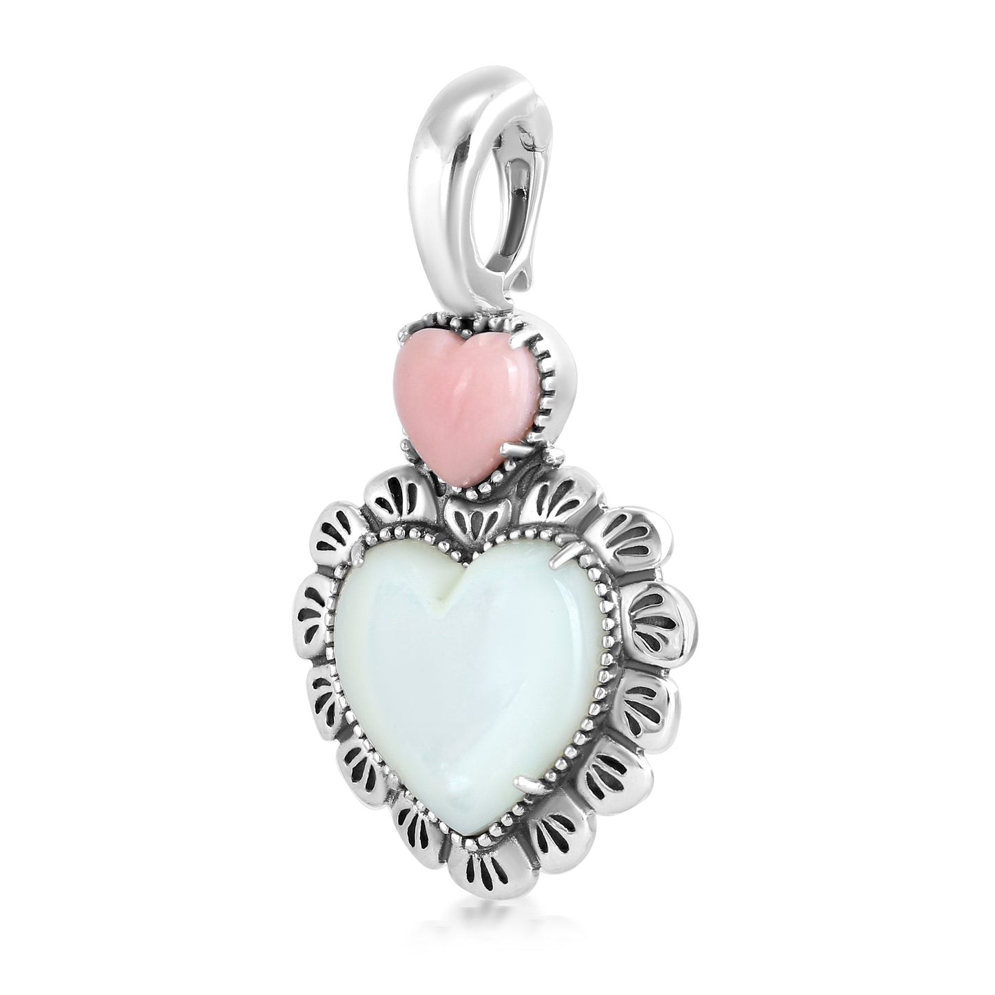 Sterling Silver White Mother of Pearl and Pink Opal Heart Pendant Enhancer