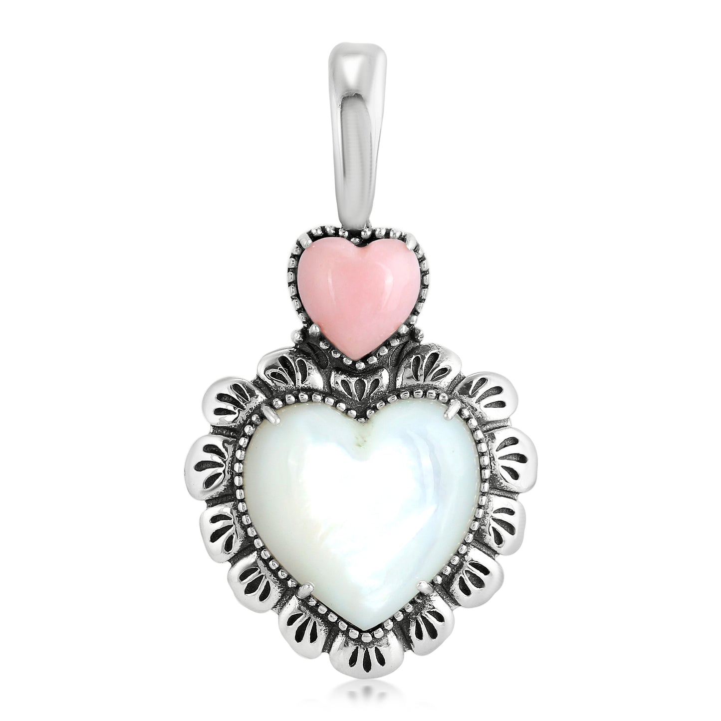 Sterling Silver White Mother of Pearl Pink Opal Concha Heart Pendant Enhancer