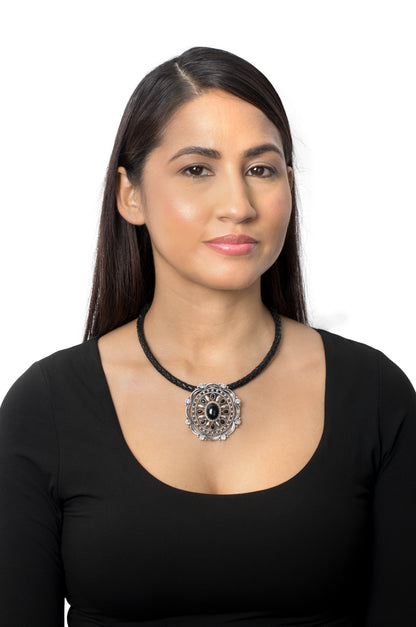 EXCLUSIVELY OURS! Sterling Silver Black Agate and White Topaz Oval Statement Pendant Enhancer