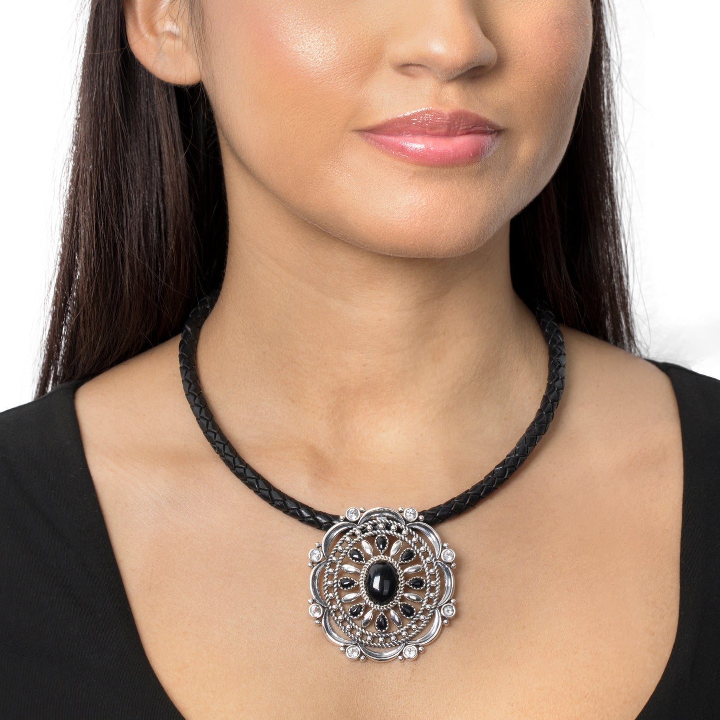 EXCLUSIVELY OURS! Sterling Silver Black Agate and White Topaz Oval Statement Pendant Enhancer