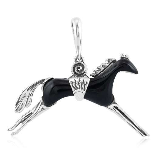 Southwestern Black Agate Running Horse Pendant Enhancer with Sterling Silver Accents