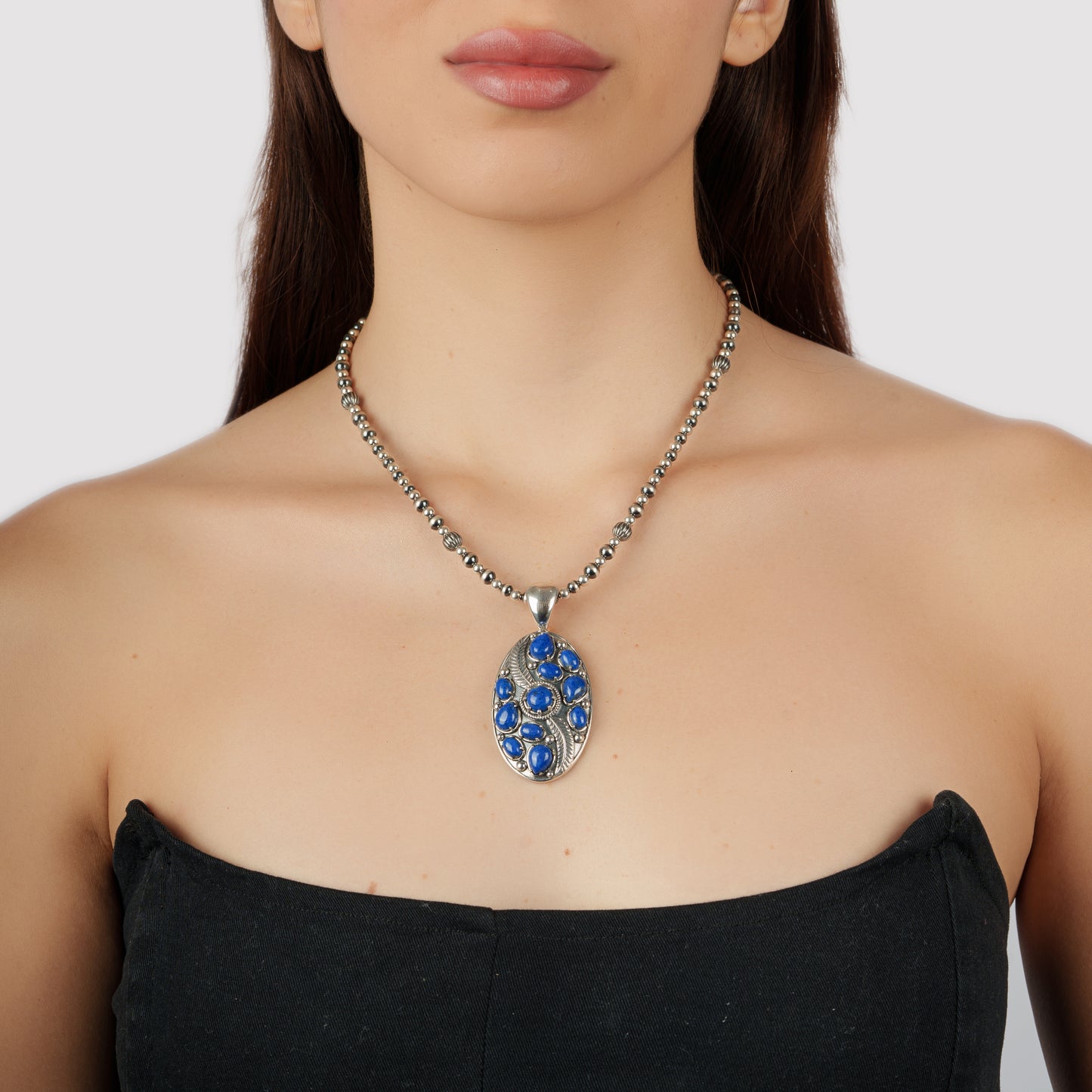 Sterling Silver Lapis Oval Leaf Pendant Enhancer