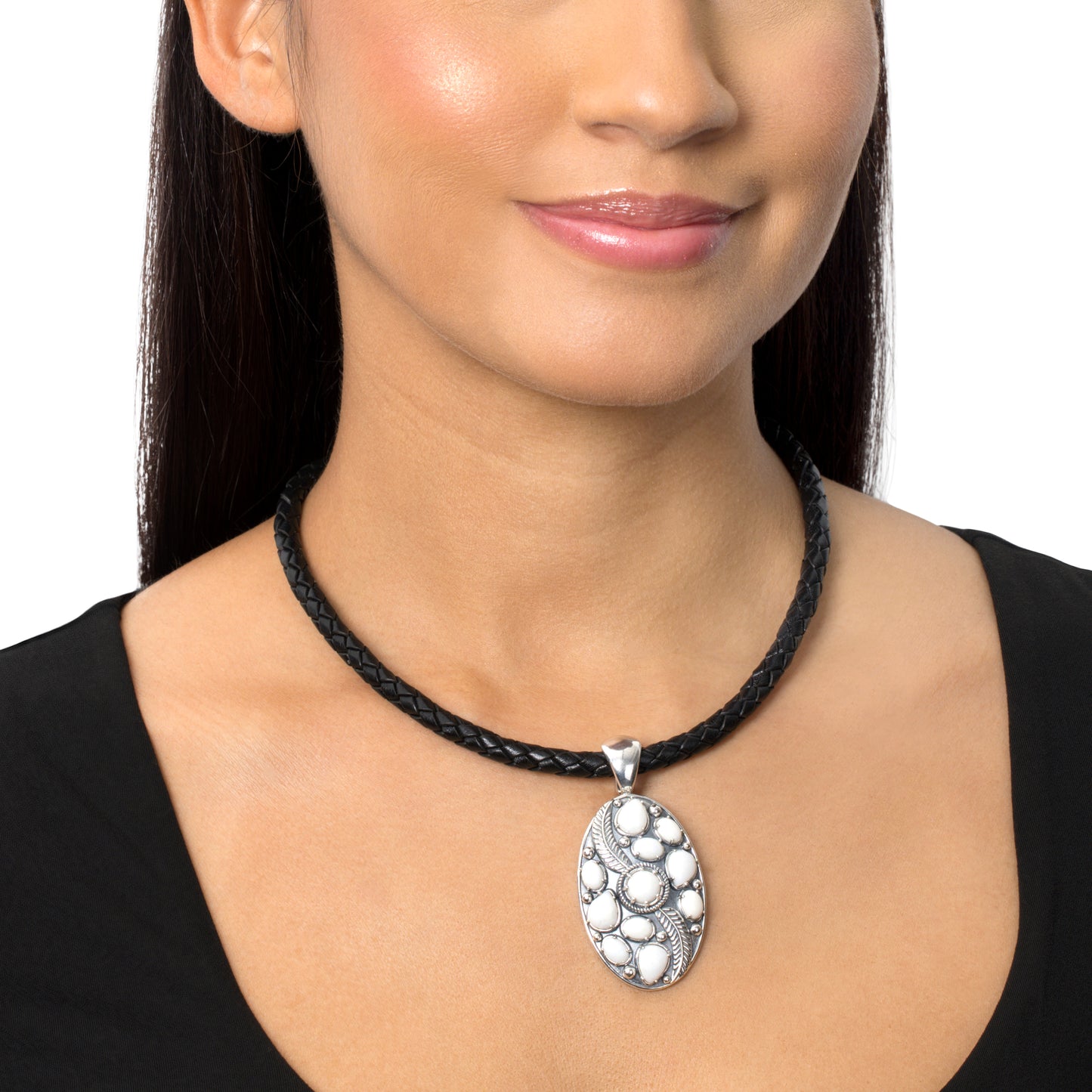 Sterling Silver White Agate Oval Leaf Pendant Enhancer