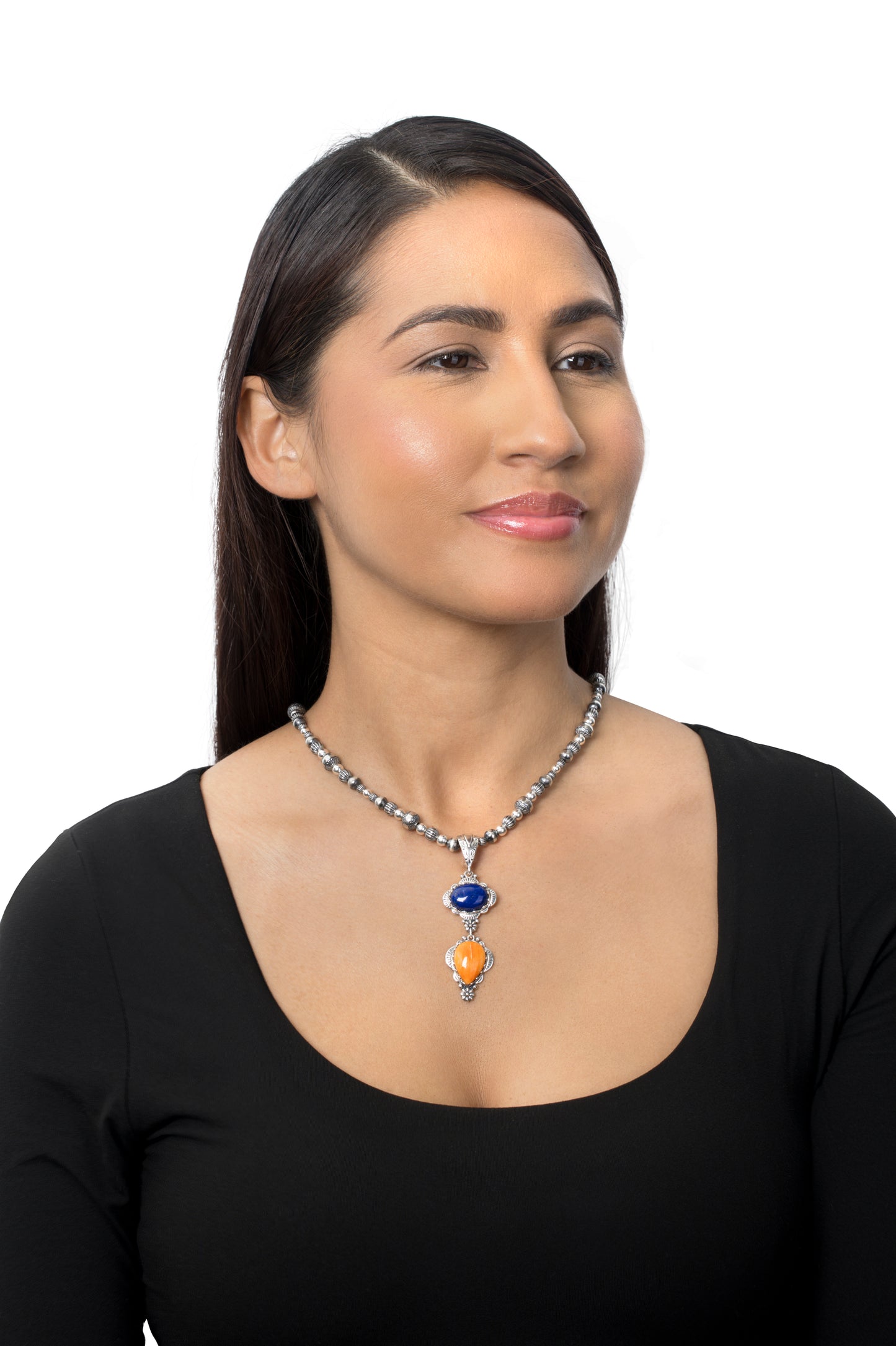 Sterling Silver Pear and Oval Lapis and Orange Spiny Oyster Linear Pendant Enhancer