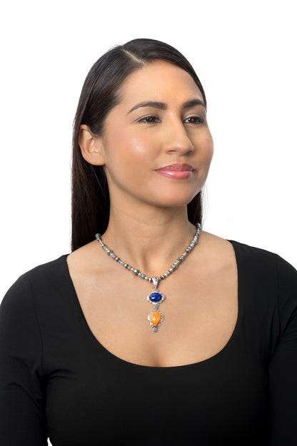 Sterling Silver Pear and Oval Lapis and Orange Spiny Oyster Linear Pendant Enhancer