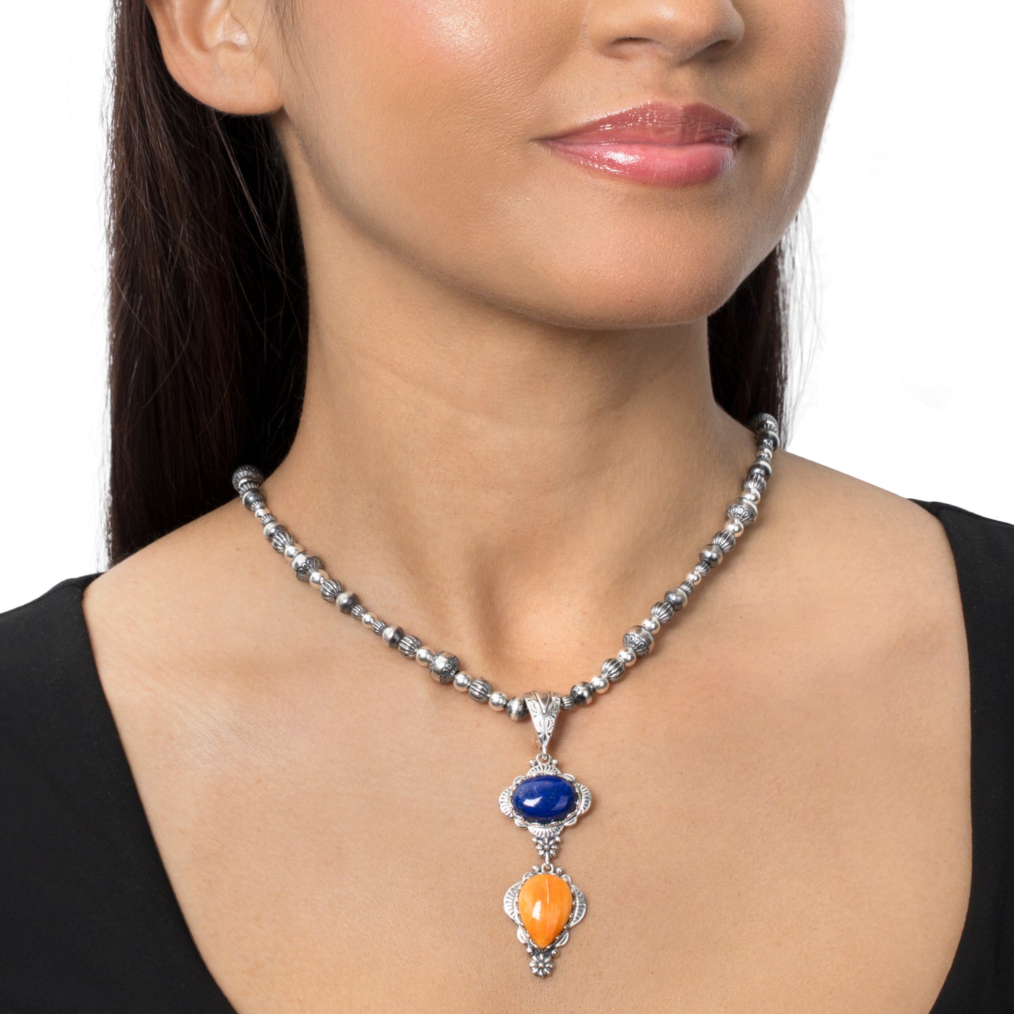 Sterling Silver Pear and Oval Lapis and Orange Spiny Oyster Linear Pendant Enhancer