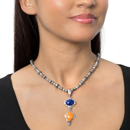 Sterling Silver Pear and Oval Lapis and Orange Spiny Oyster Linear Pendant Enhancer