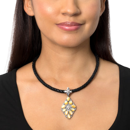Sterling Silver Yellow Mother of Pearl Diamond Shaped Cluster Pendant Enhancer