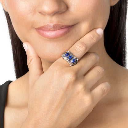 Sterling Silver Lapis Three Stone Feather Ring, Sizes 5 to 11