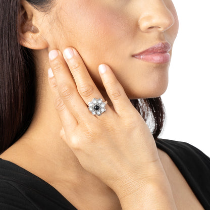 EXCLUSIVELY OURS! Sterling Silver Black Onyx and White Mother of Pearl Round Cut Flower Cluster Ring, Sizes 5 to 11