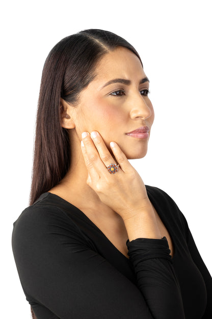 EXCLUSIVELY OURS! Sterling Silver Orange Spiny Oyster and Red Onyx Round Cut Flower Cluster Ring, Sizes 5 to 11