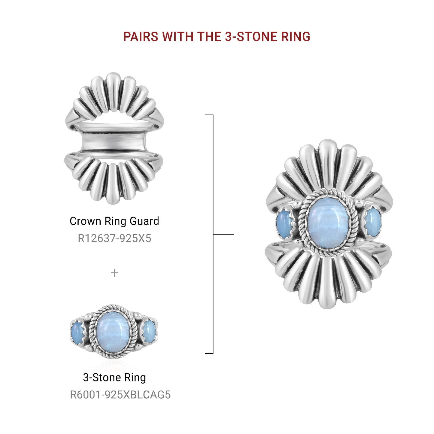 Sterling Silver Blue Lace Agate 3-Stone Ring, Sizes 5 to 11