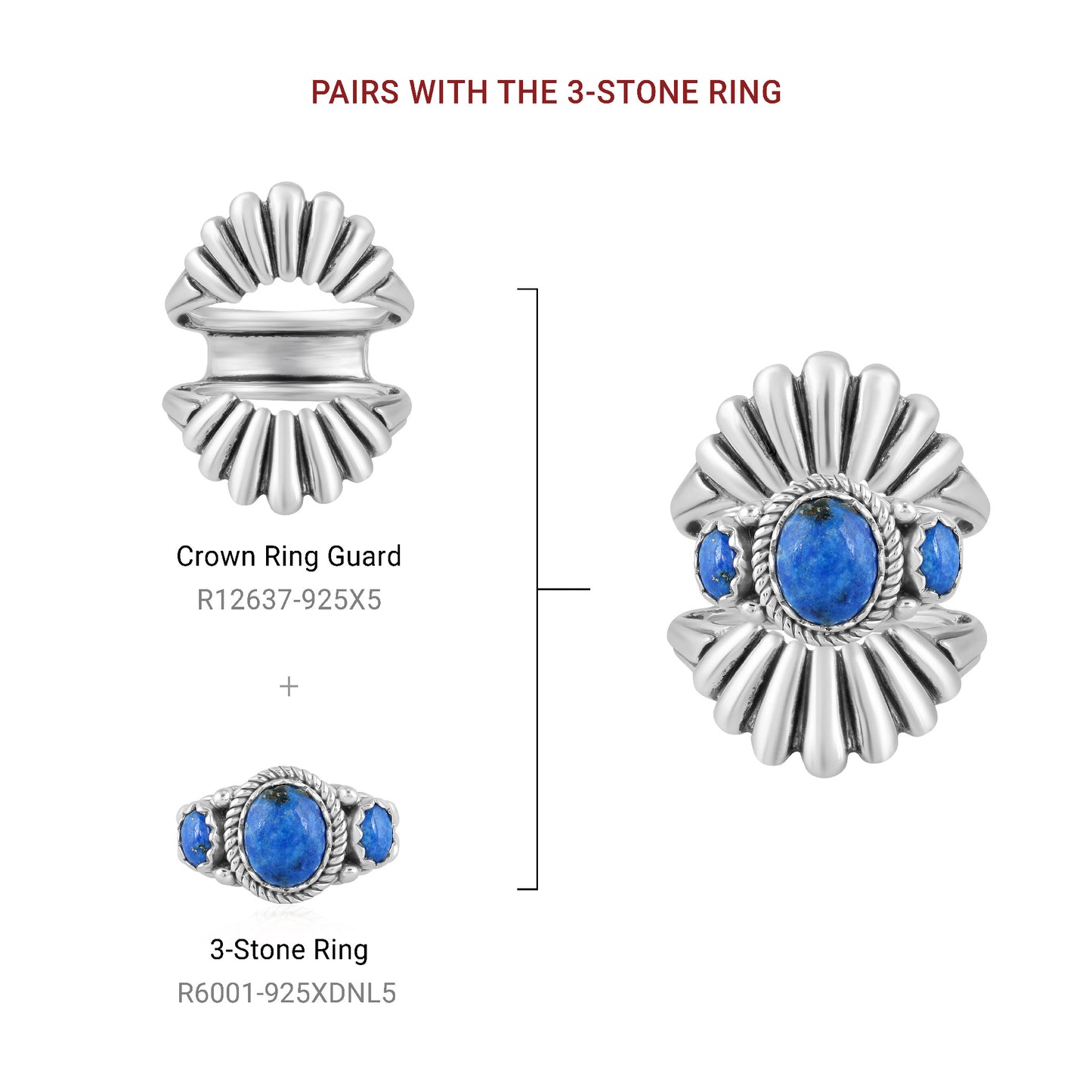 Sterling Silver Lapis 3-Stone Ring, Sizes 5 to 10