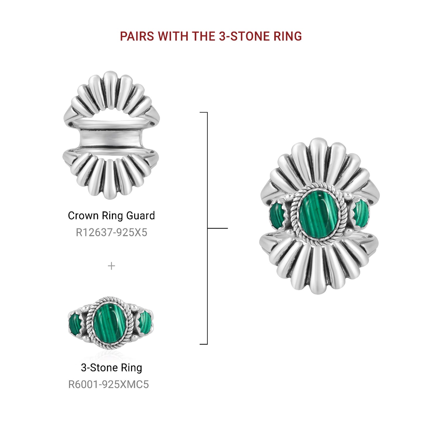 Sterling Silver Malachite 3-Stone Ring, Sizes 5 to 11