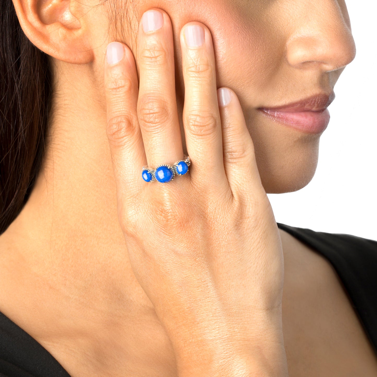 Sterling Silver Lapis 3 Stone Round-Cut Concha and Bead Ring, Sizes 5 to 11