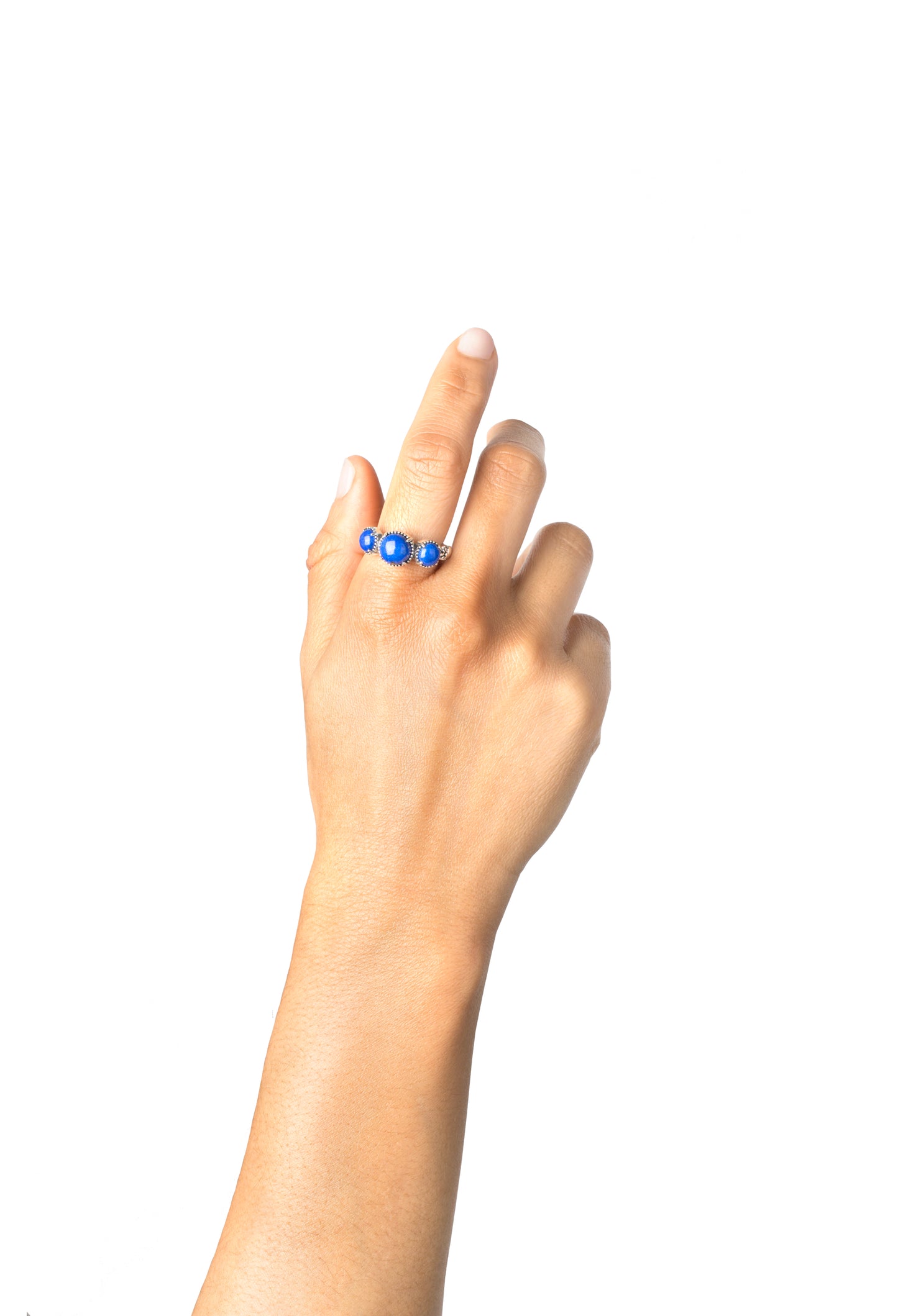Sterling Silver Lapis 3 Stone Round-Cut Concha and Bead Ring, Sizes 5 to 11