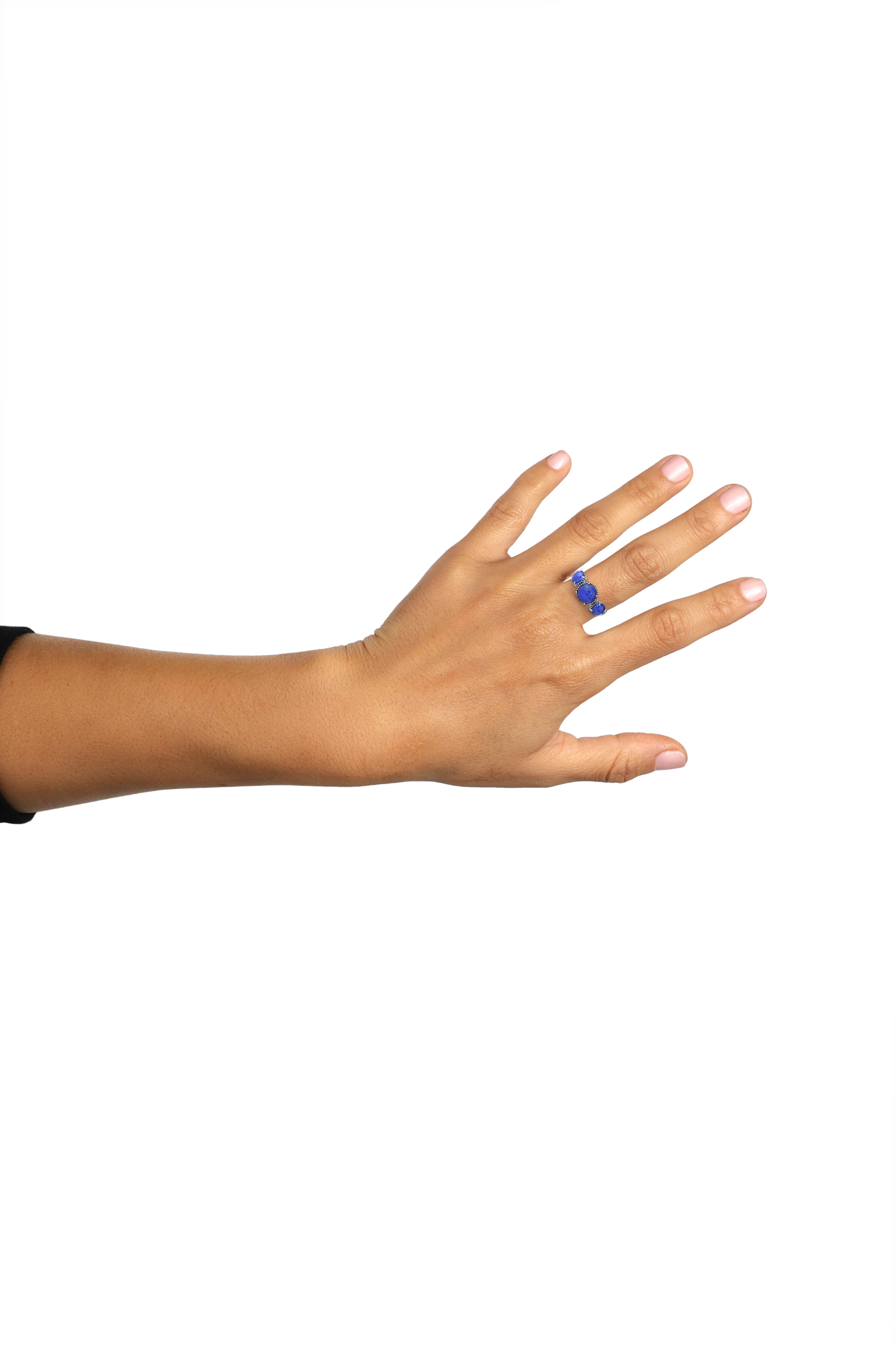 Sterling Silver Lapis 3 Stone Round-Cut Concha and Bead Ring, Sizes 5 to 11