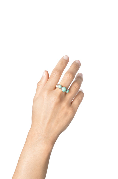 Sterling Silver Green Turquoise 3 Stone Round-Cut Concha and Bead Ring, Sizes 5 to 11