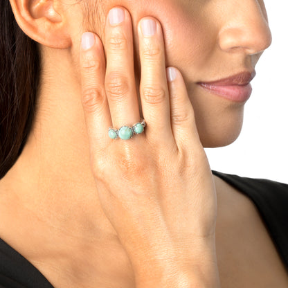 Sterling Silver Green Turquoise 3 Stone Round-Cut Concha and Bead Ring, Sizes 5 to 11