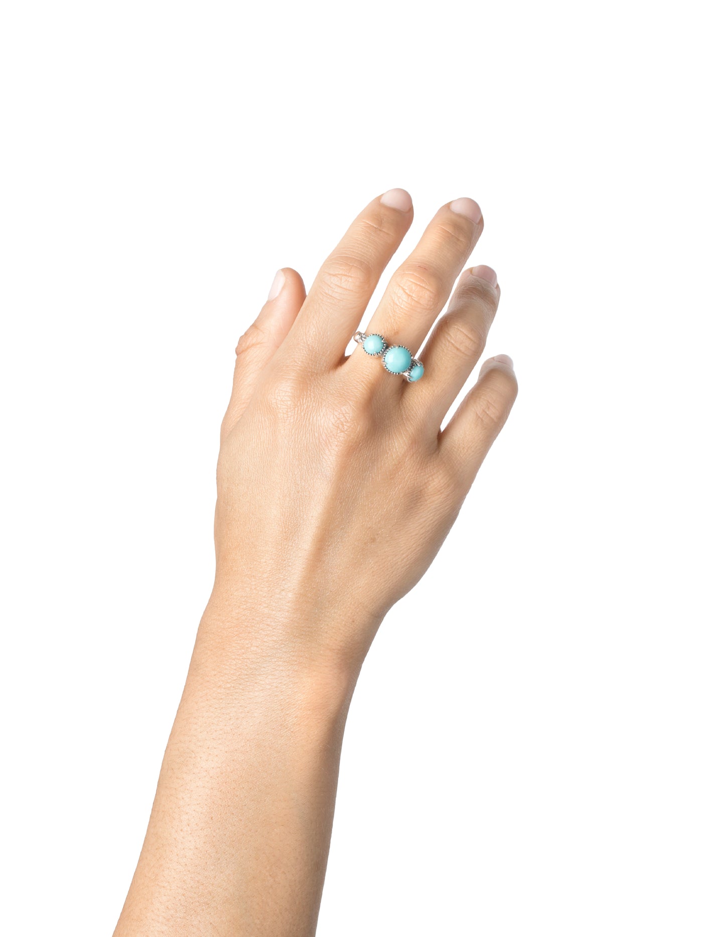 Sterling Silver Kingman Turquoise 3 Stone Round-Cut Concha and Bead Ring, Sizes 5 to 11