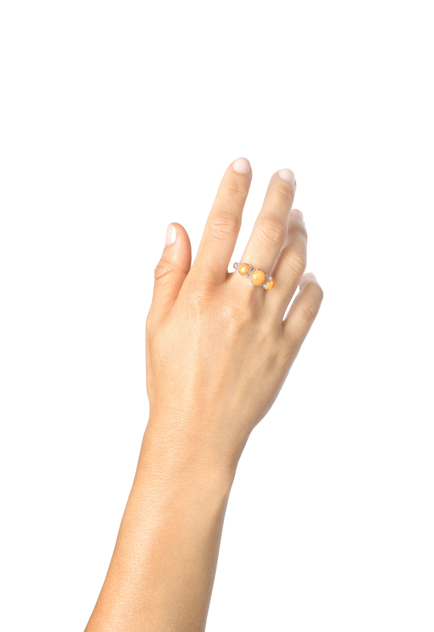 Sterling Silver Orange Spiny Oyster 3 Stone Round-Cut Concha and Bead Ring, Sizes 5 to 11