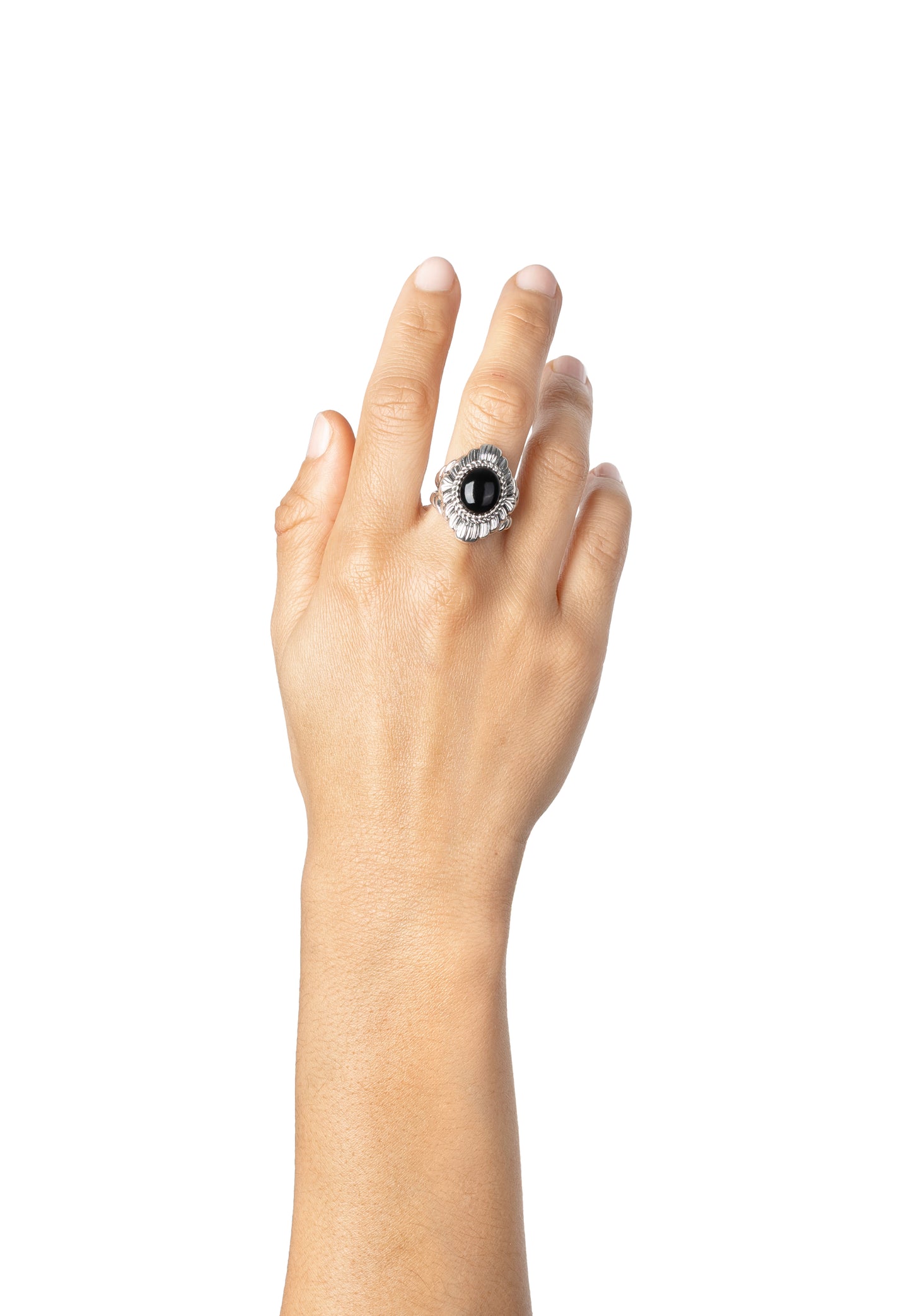 Sterling Silver Black Agate Oval-Cut Scallop and Rope Ring, Sizes 5 to 11