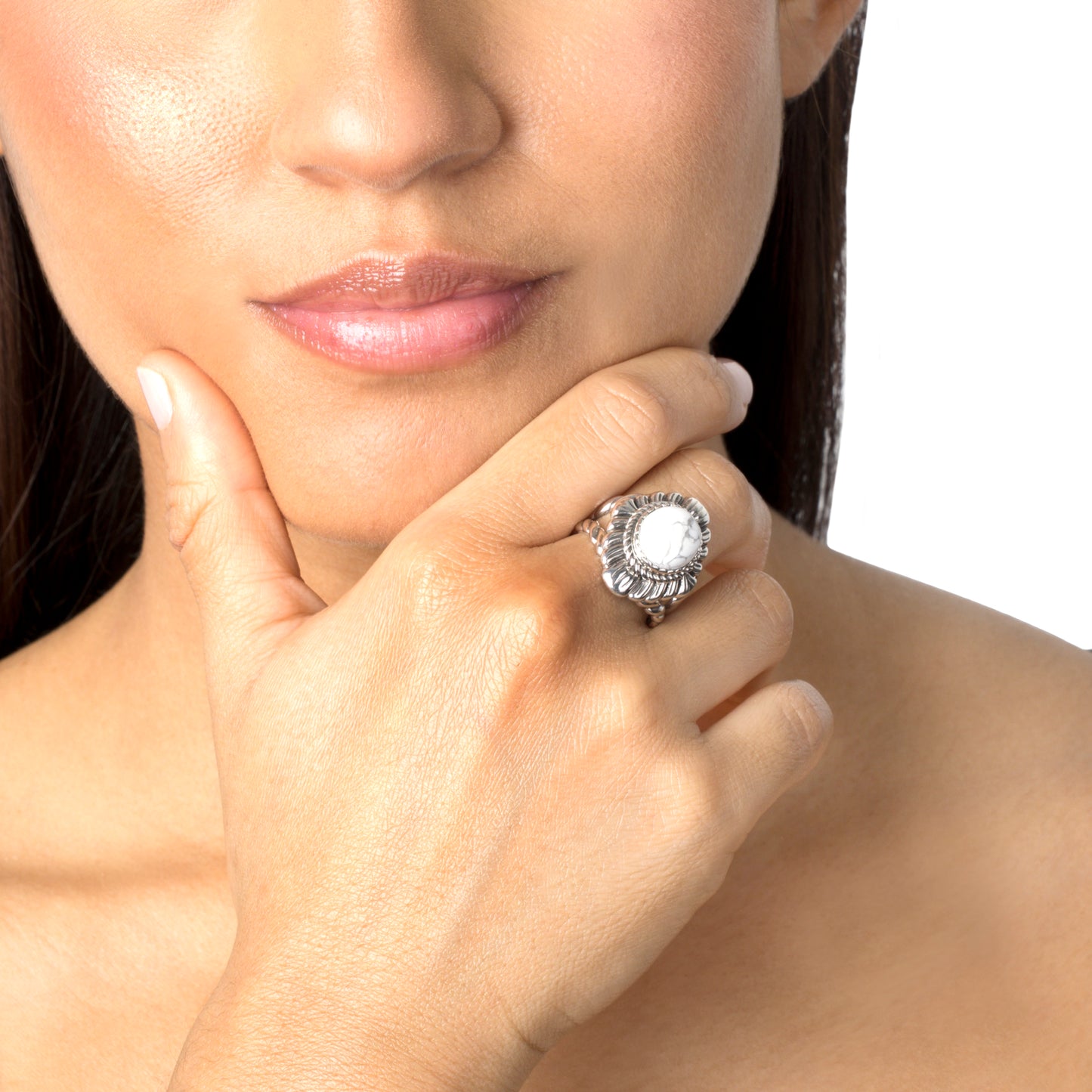 Sterling Silver White Howlite Oval-Cut Scallop and Rope Design Ring, Sizes 5 to 11