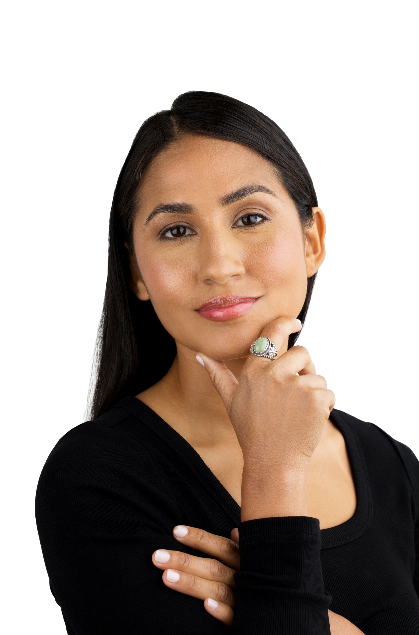 Sterling Silver Green Turquoise Gemstone Floral Rope  Concha Ring, Sizes 5 to 10