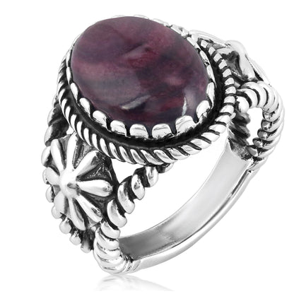 Sterling Silver Purple Spiny Oyster Concha Flower Ring, Sizes 5 to 10