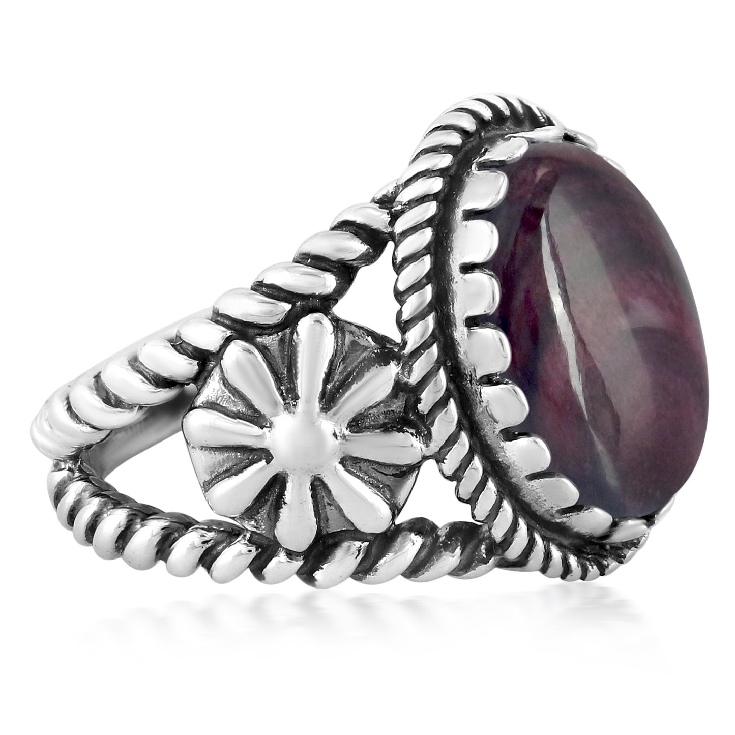 Sterling Silver Purple Spiny Oyster Concha Flower Ring, Sizes 5 to 10