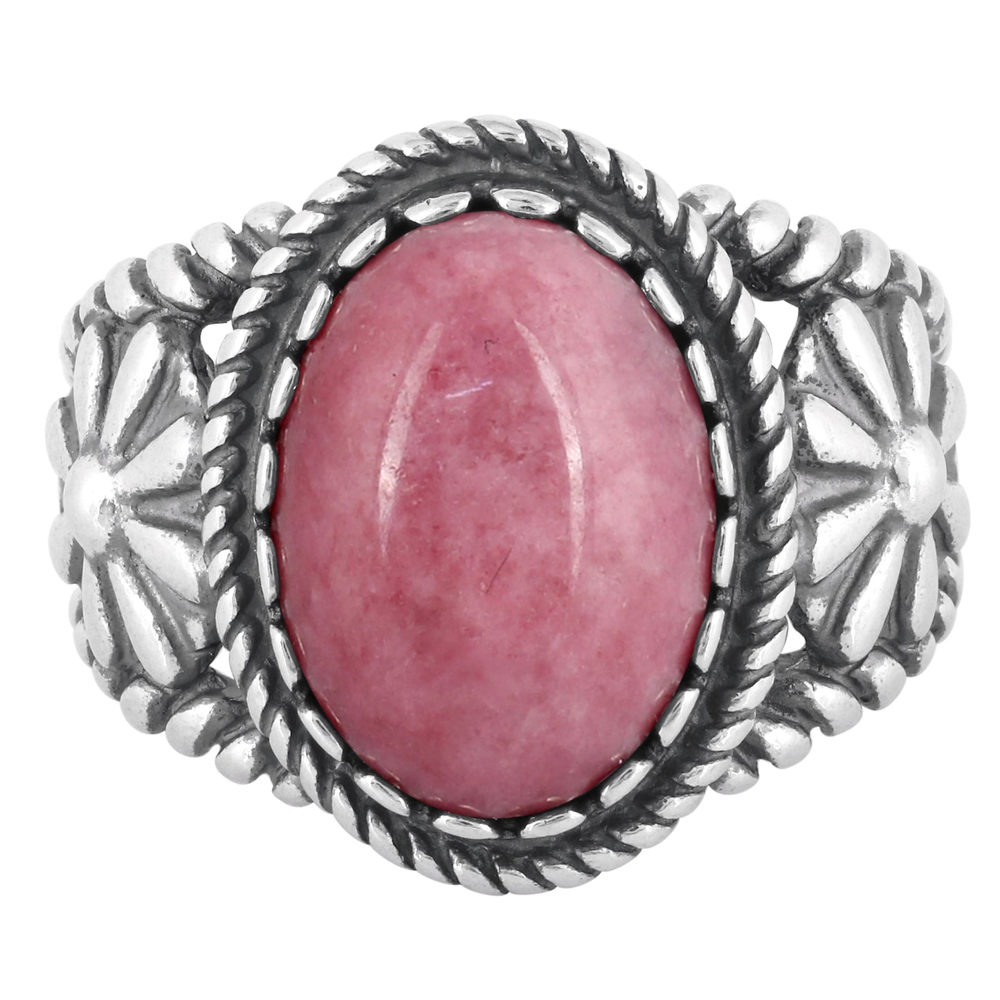 Sterling Silver Pink Rhodonite Gemstone Concha Flower Design Ring, Size 5 - 10