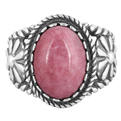 Sterling Silver Pink Rhodonite Gemstone Concha Flower Design Ring, Size 5 - 10