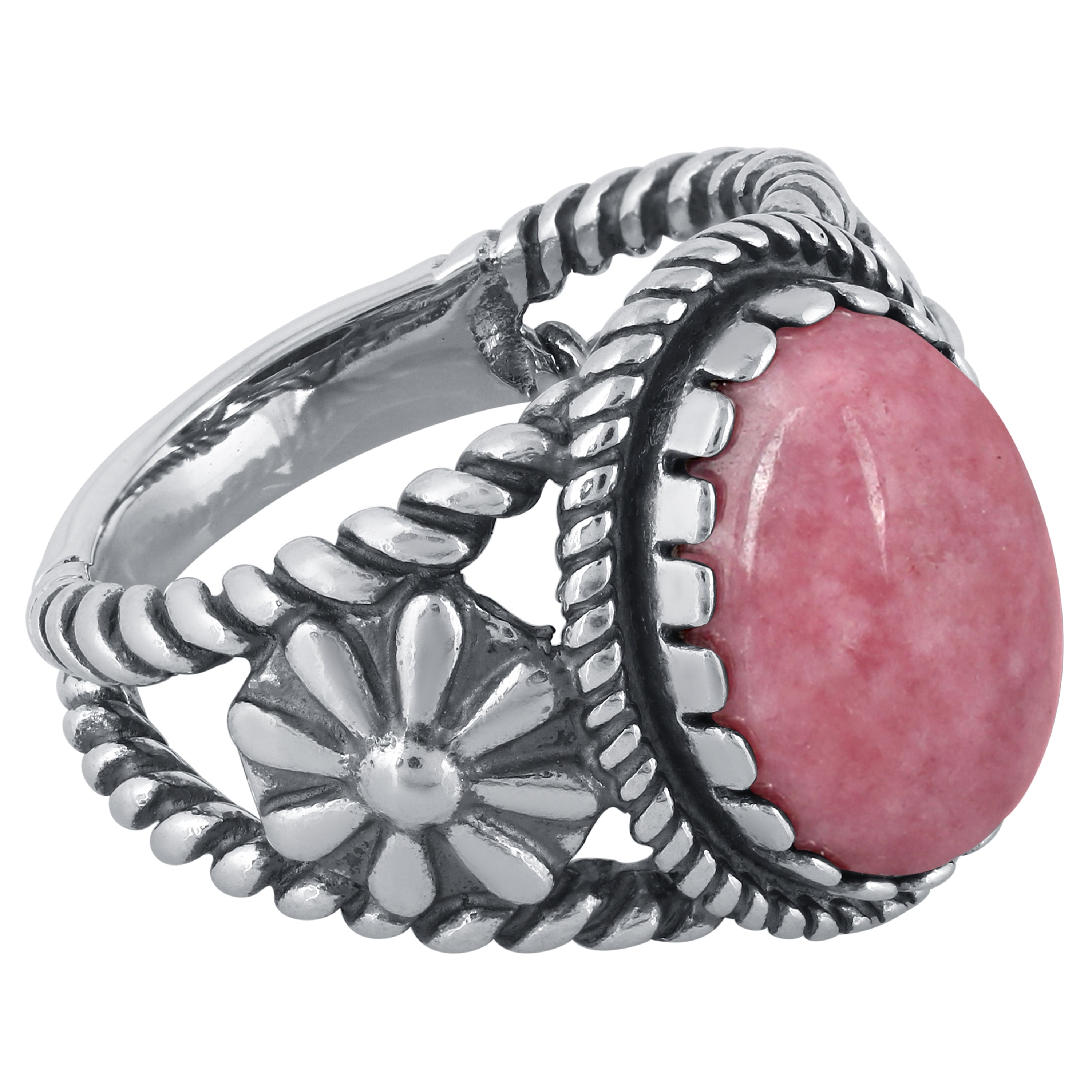 Silver Saddle Shield ring with flower textured band outlet and pink gemstone