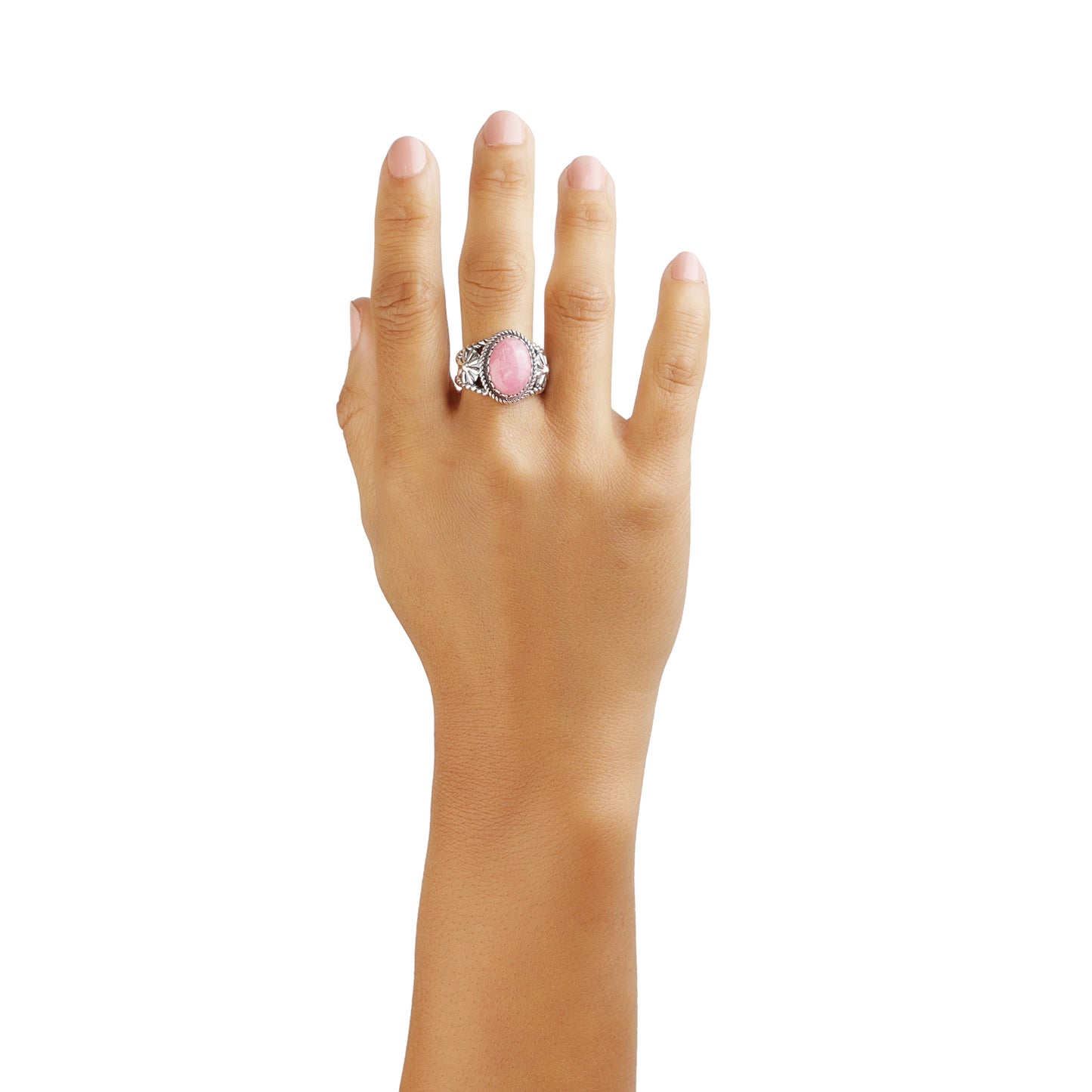 Sterling Silver Pink Rhodonite Gemstone Concha Flower Design Ring, Size 5 - 10