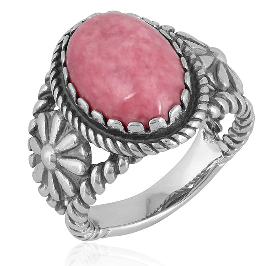 Southwestern Sterling Silver Pink Rhodonite Gemstone Concha Flower Design Ring, Size 5 - 10