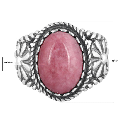 Southwestern Sterling Silver Pink Rhodonite Gemstone Concha Flower Design Ring, Size 5 - 10