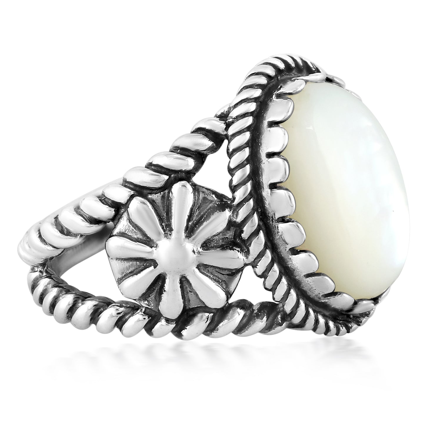 Southwestern Sterling Silver with White Mother of Pearl Gemstone Native-Inspired Concha Flower Design Ring, Sizes 5-10