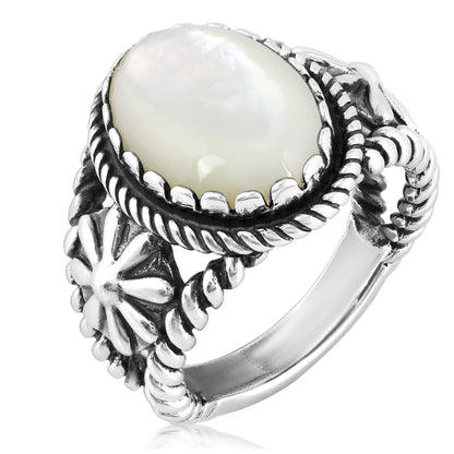 Southwestern Sterling Silver with White Mother of Pearl Gemstone Native-Inspired Concha Flower Design Ring, Sizes 5-10