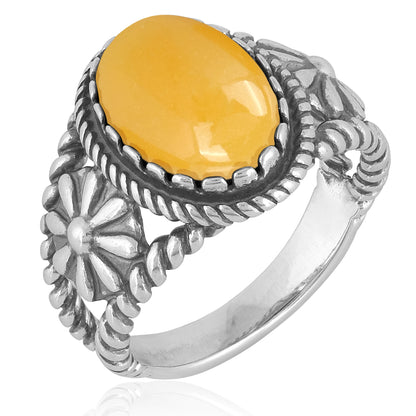 Sterling Silver Yellow Jasper Gemstone Concha Flower Design Ring, Sizes 5 to 10