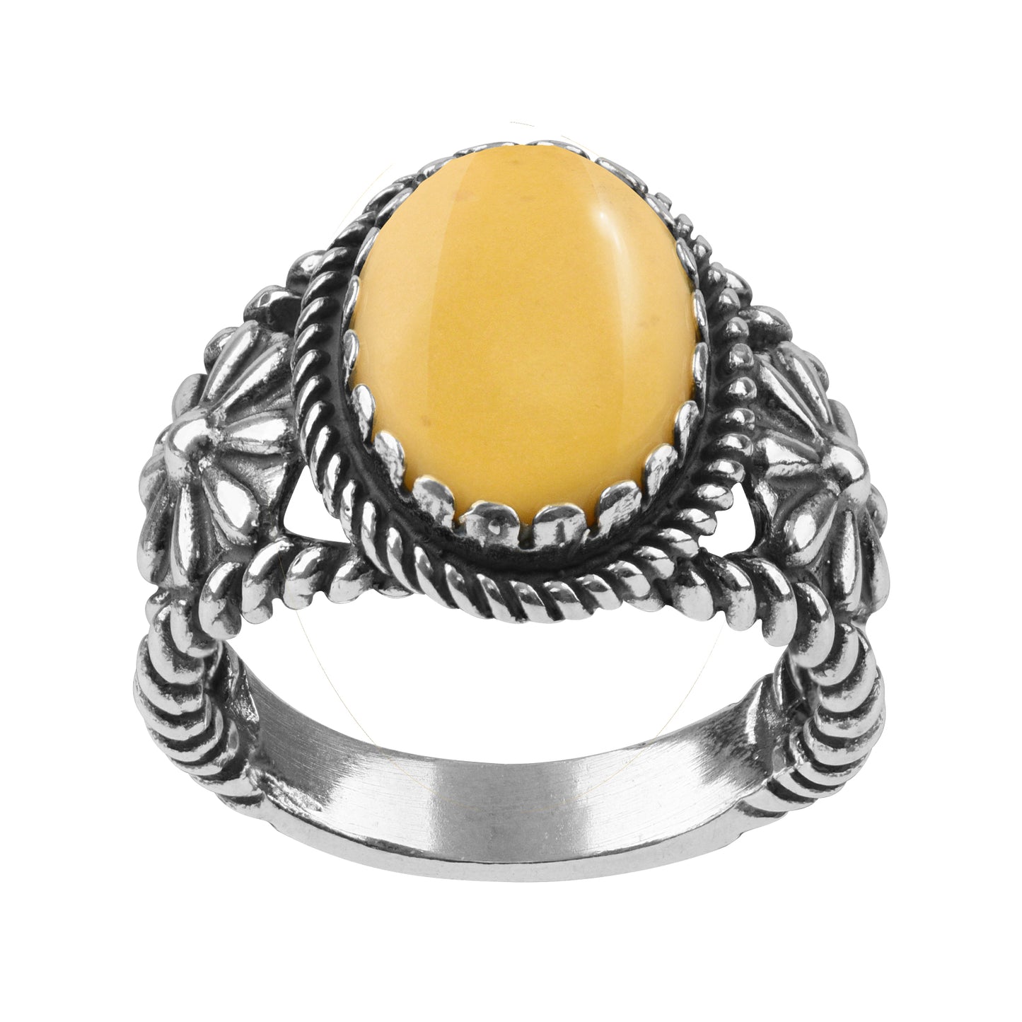 Sterling Silver Yellow Jasper Gemstone Concha Flower Design Ring, Sizes 5 to 10