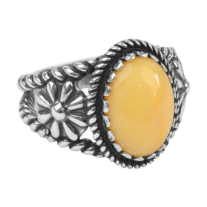 Sterling Silver Yellow Jasper Gemstone Concha Flower Design Ring, Sizes 5 to 10