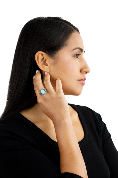 Sterling Silver Kingman Turquoise Concha Flower Ring, Sizes 5 to 10