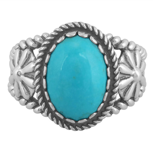 Sterling Silver Kingman Turquoise Concha Flower Ring, Sizes 5 to 10