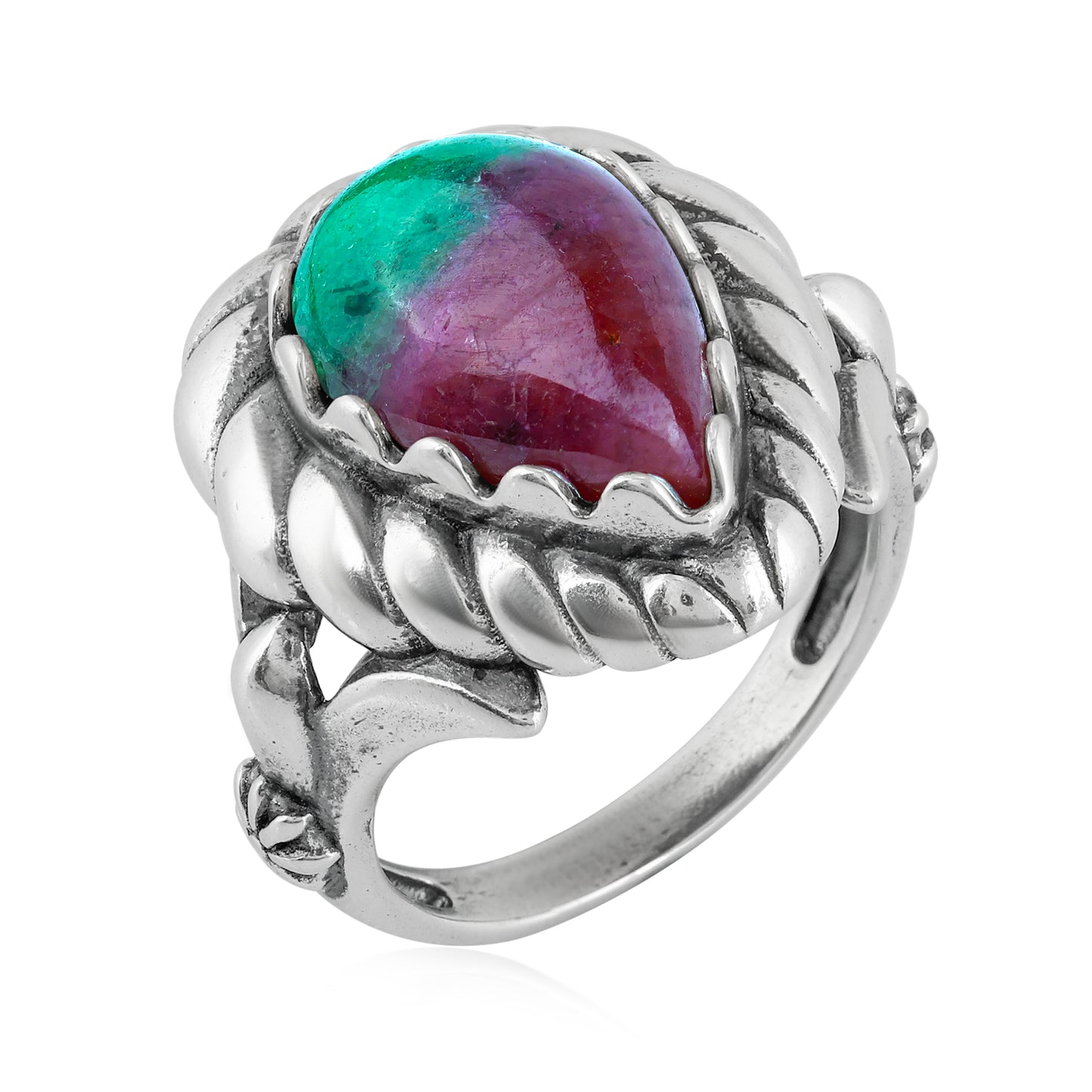 EXCLUSIVELY OURS! Sterling Silver Ruby Zoisite Pear Cut Rope Ring, Sizes 5 to 11