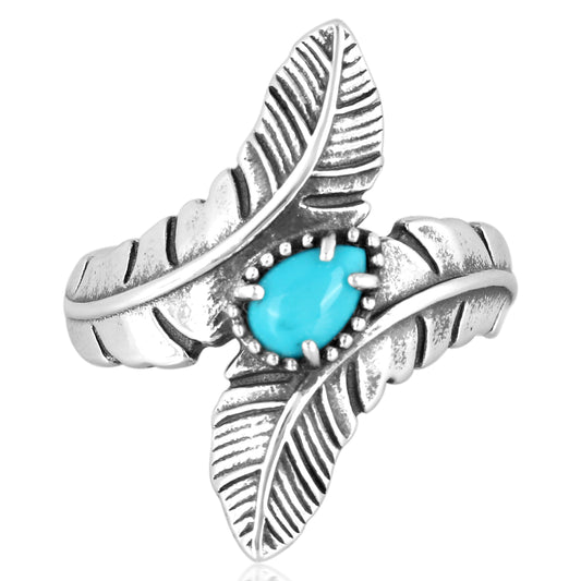 Southwestern Double Feather Ring-Sterling Silver Band with Blue Turquoise Gemstone, Sizes 5 - 7