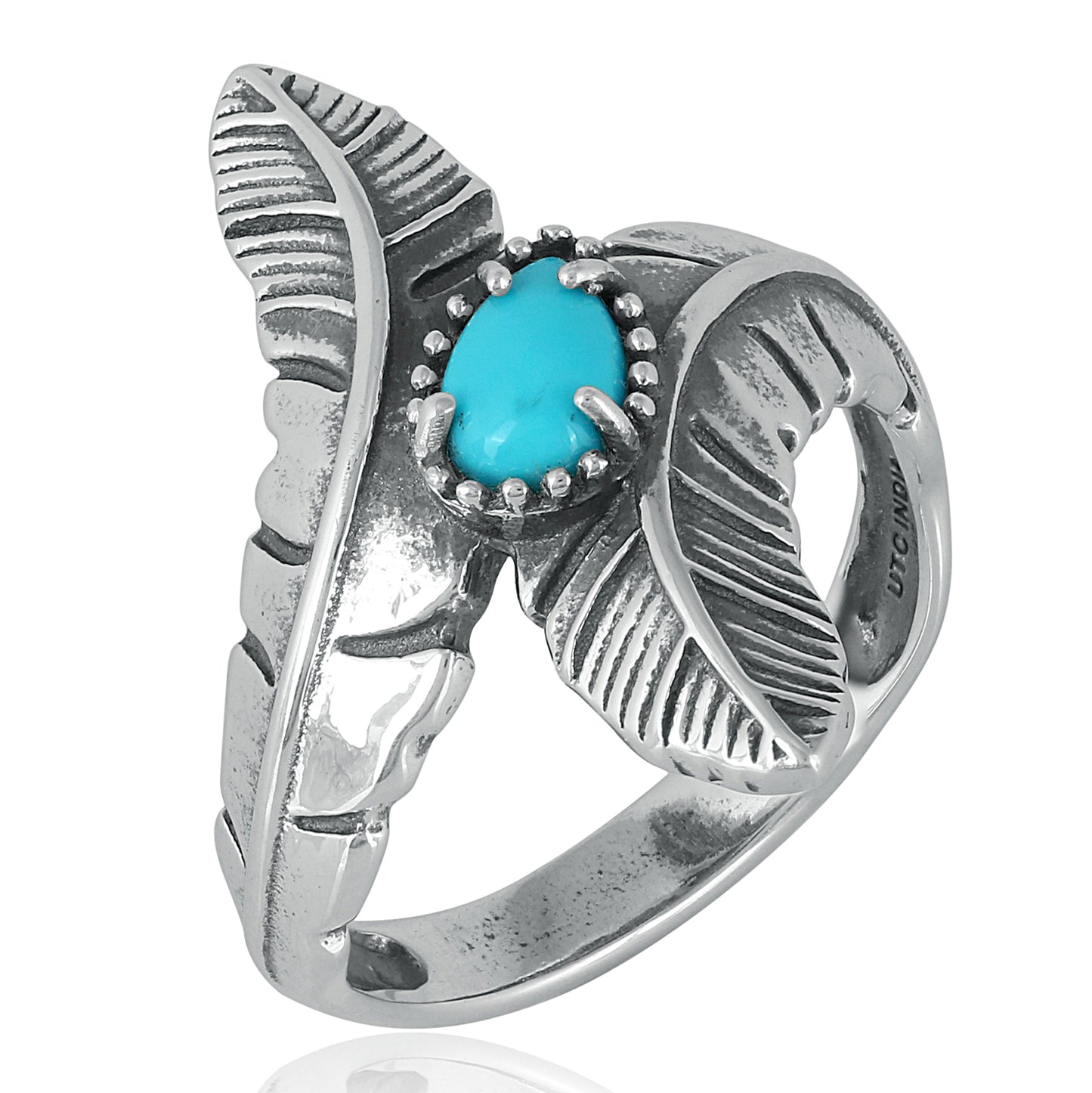 Southwestern Double Feather Ring-Sterling Silver Band with Blue Turquoise Gemstone, Sizes 5 - 7